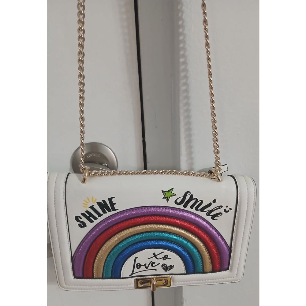 ALDO Rainbow Crossbody Bag White Gold Chain Shine Smile Love Purse - Picture 2 of 11